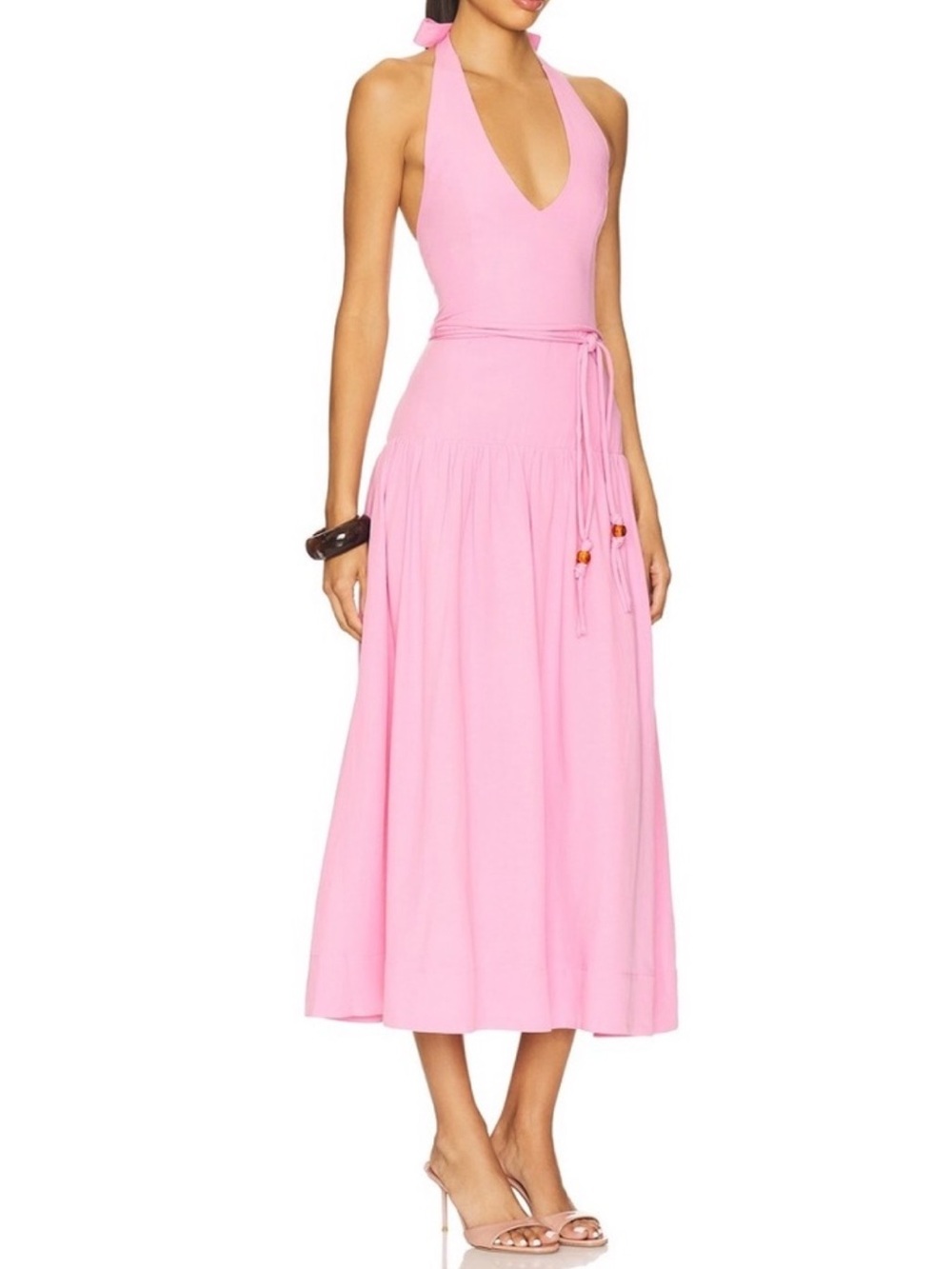 NEW MINKPINK Melody Drop Waist Midi Dress Pink Linen Halter event Vacation  g97